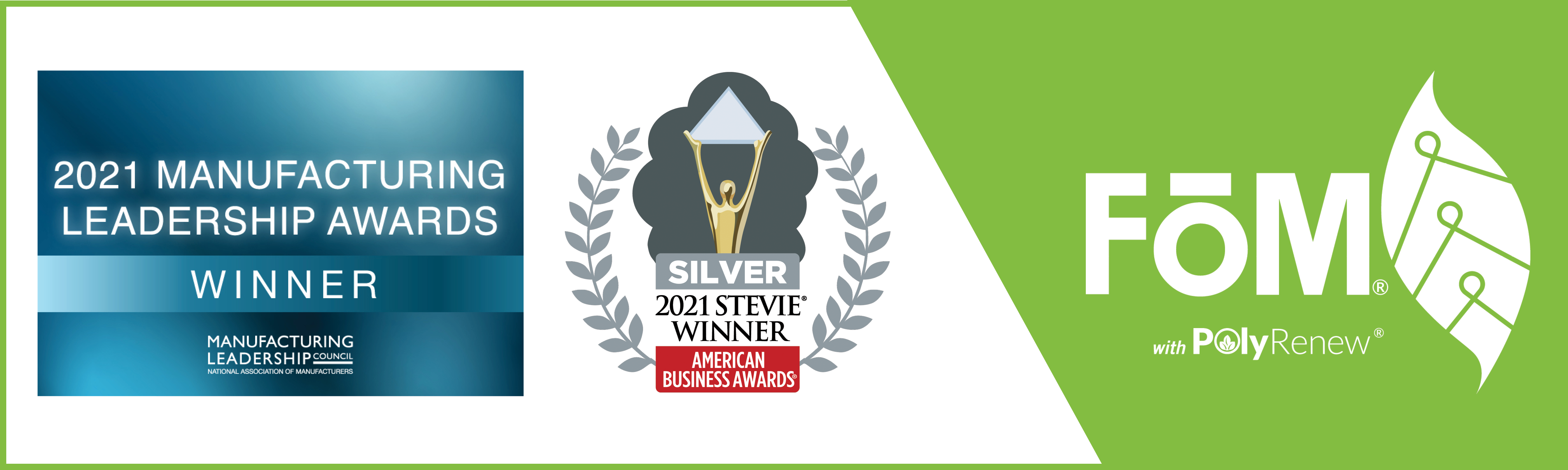 FloraCraft awards graphic National Association of Manufacturers and Stevie Award logos with FōM logo