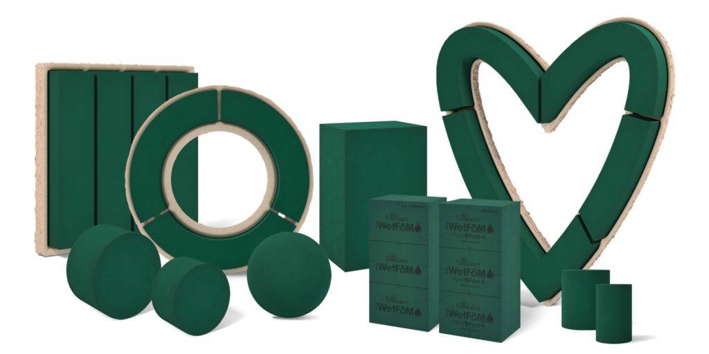 Full product line of Artesia WetFōM, including brinks, wreaths, balls and heart. 